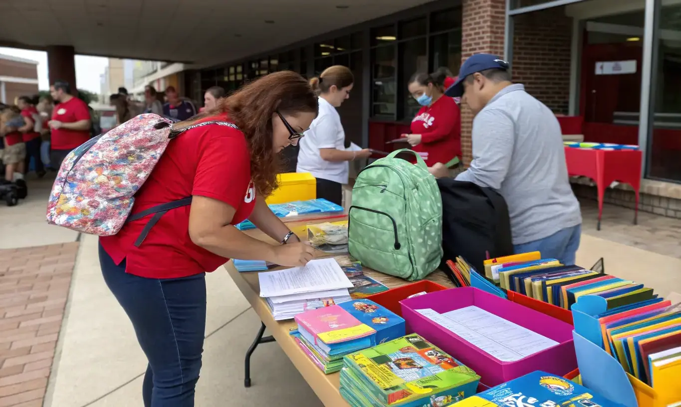 Volunteers packing backpacks with school supplies for underprivileged children, highlighting the church's focus on supporting education and future generations.